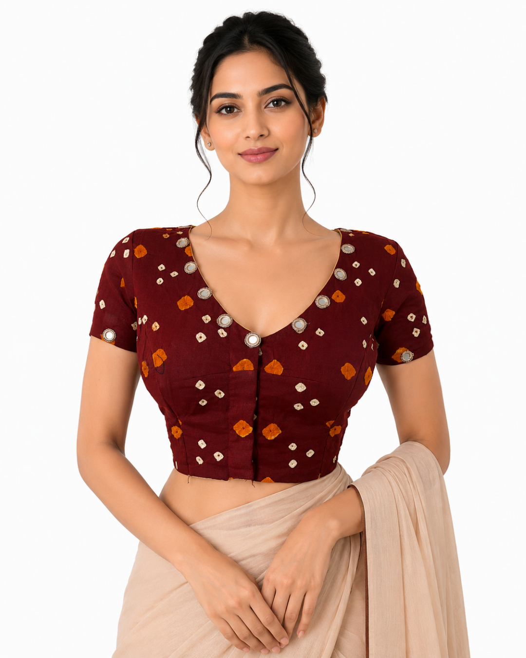 Bandhani Cotton V neck Blouse with Short Sleeves & Mirror Work Details, Brown, BP1189