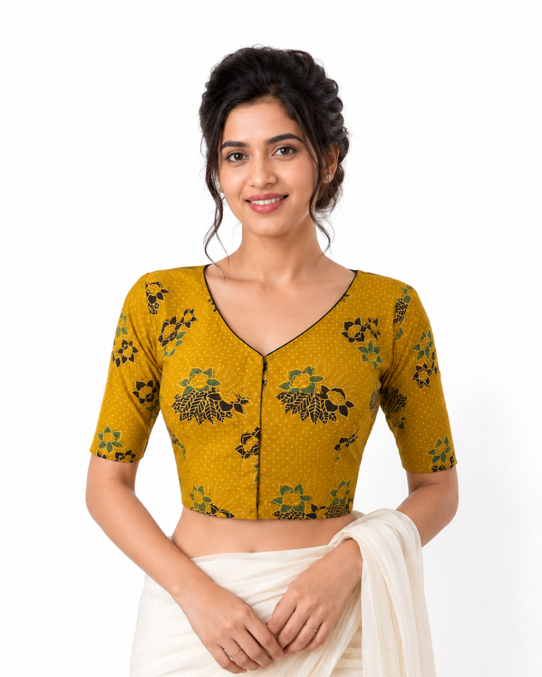 Ajrakh Cotton V neck Blouse, Mustard, BA1145