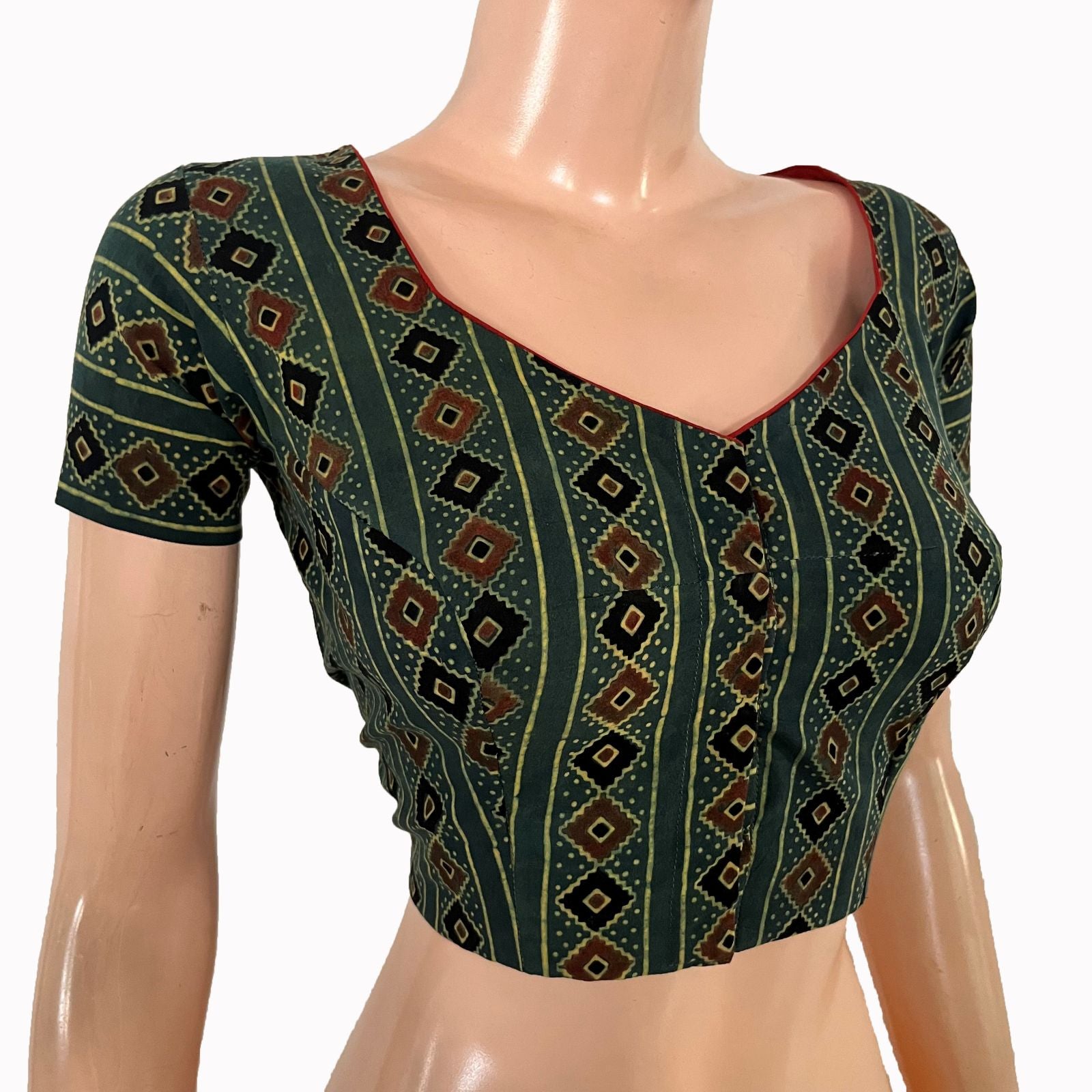 Ajrakh Cotton Sweetheart neck Blouse, Bottle Green, BA1102
