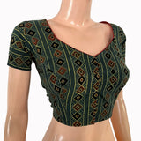 Ajrakh Cotton  Sweetheart neck Blouse, Bottle Green,  BA1102 Ajrakh Cotton  Sweetheart neck Blouse, Bottle Green,  BA1102