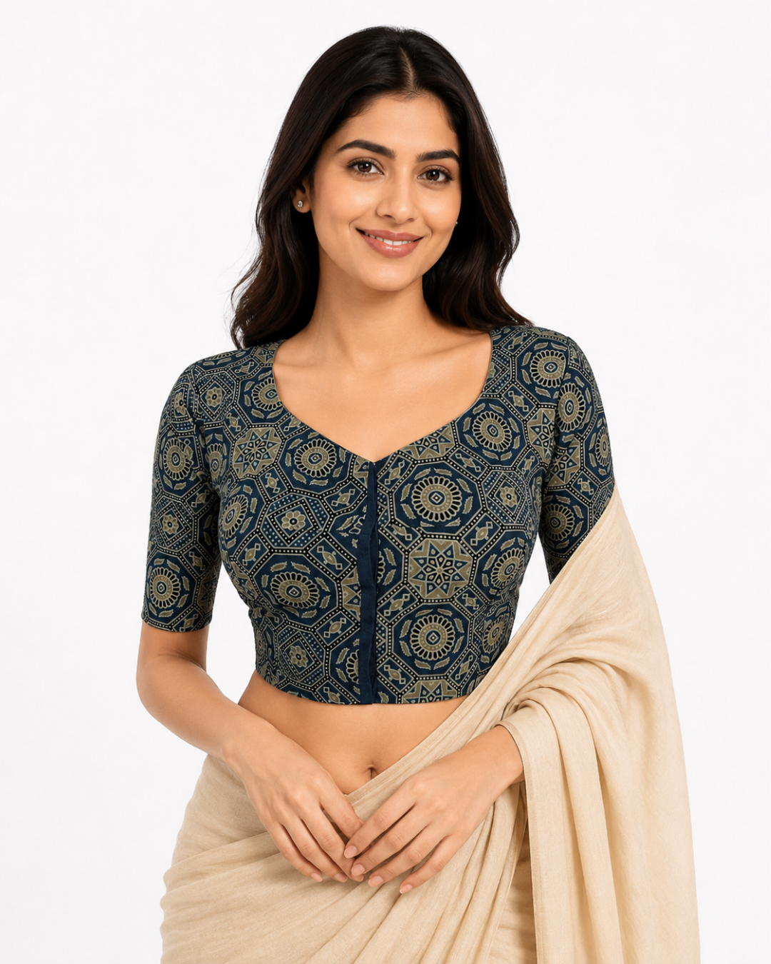 Ajrakh Cotton Sweetheart neck Blouse, Indigo blue, BA1151