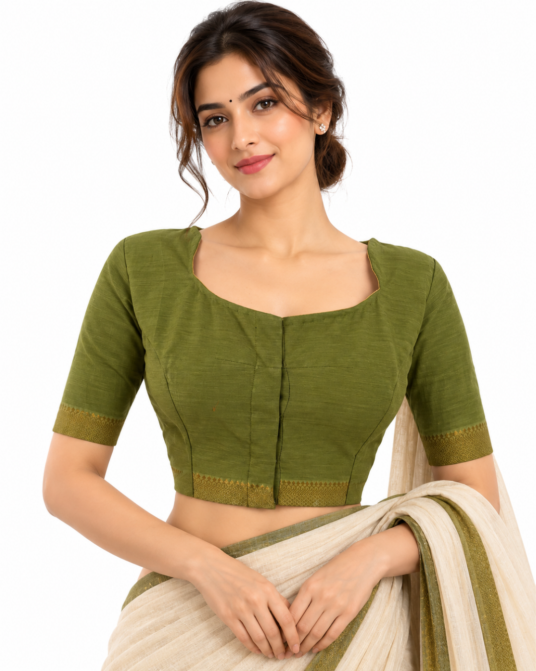 Handloom Mangalgiri Cotton Pot Neck Blouse with Lining, Olive Green , BH1332