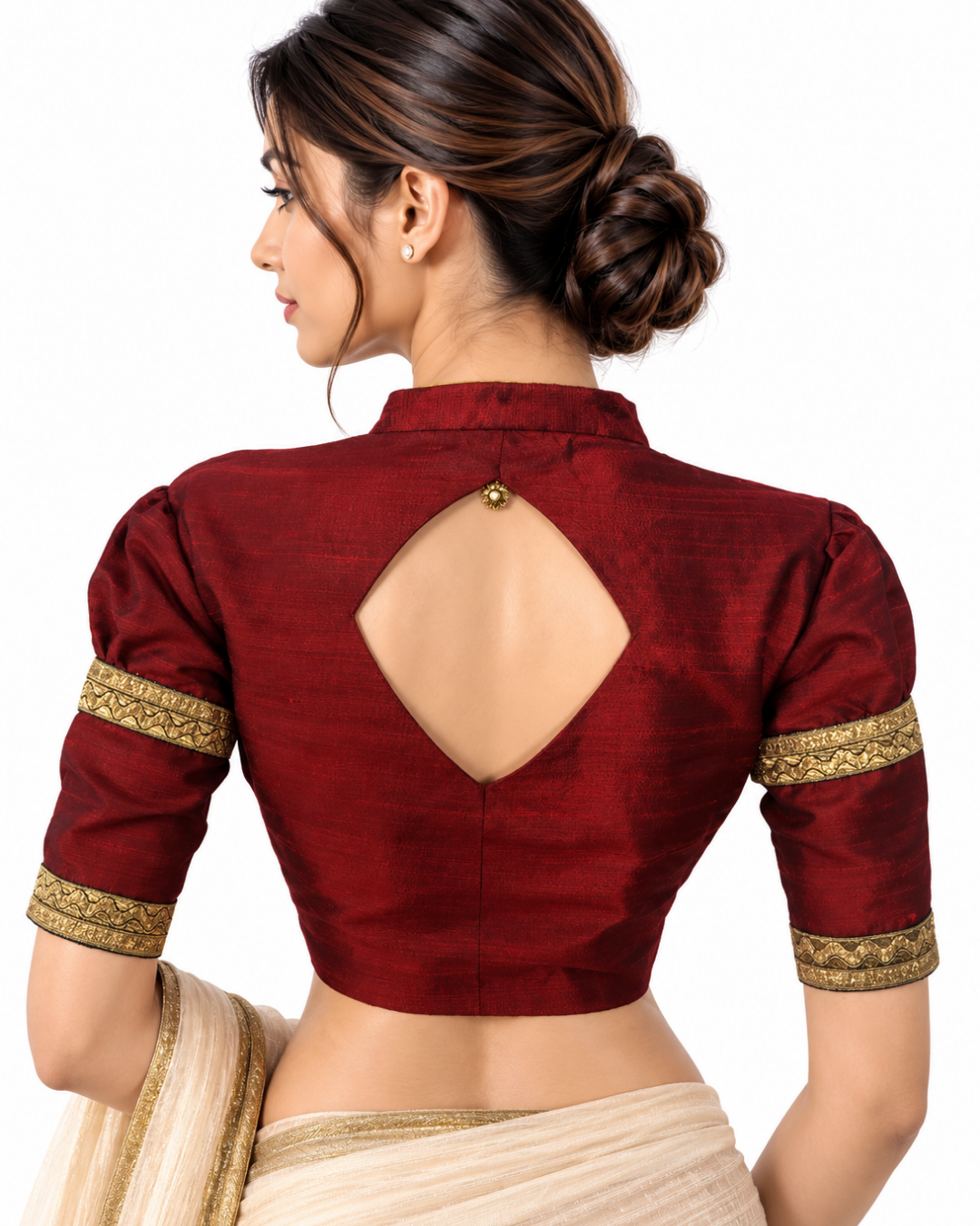 Pure Raw Silk Highneck Blouse with Puff Sleeves, Zari Lace & Metail Details, Maroon, BS1139