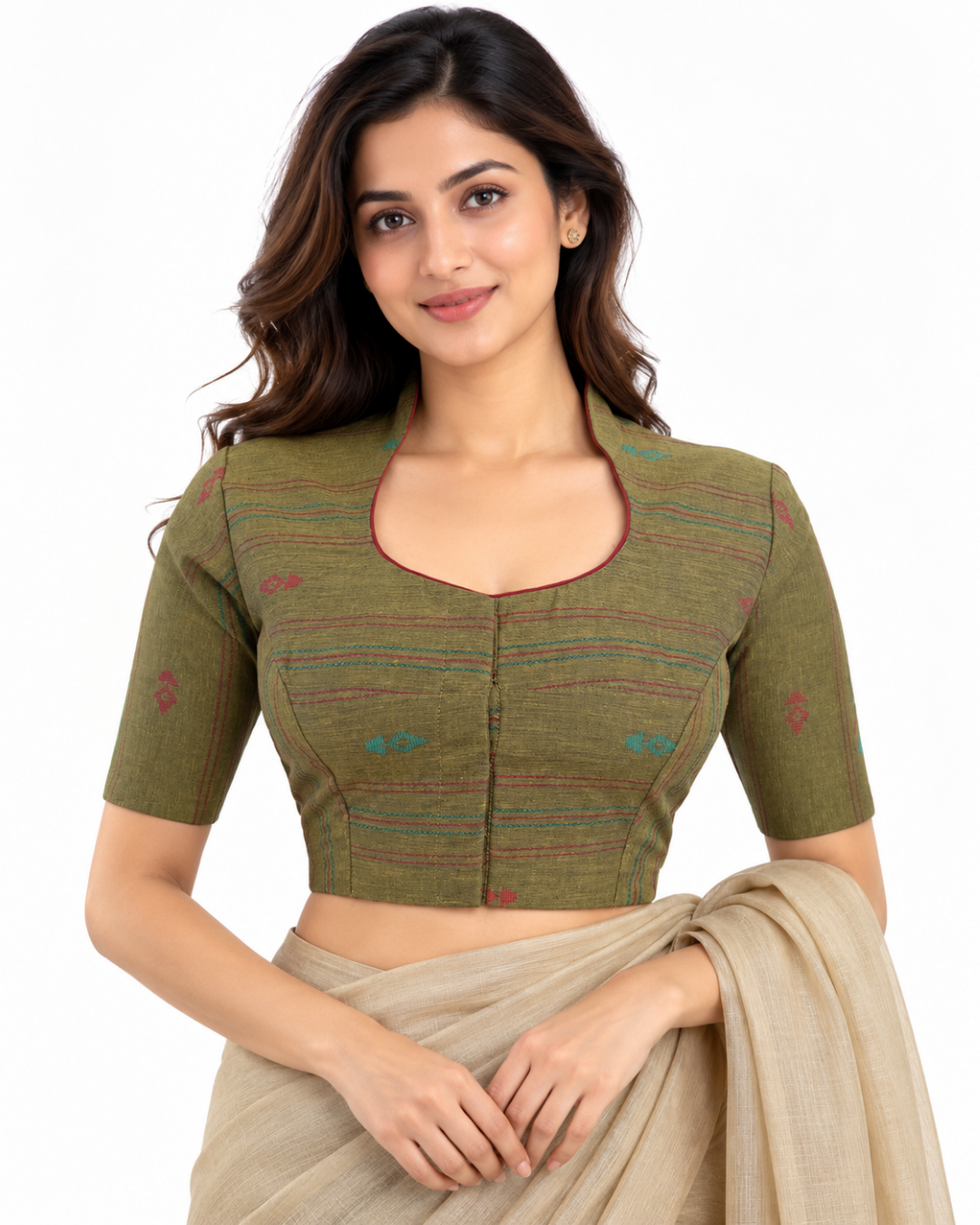 Handloom Jacquard Highneck Blouse with Lining, Olive Green, BH1227