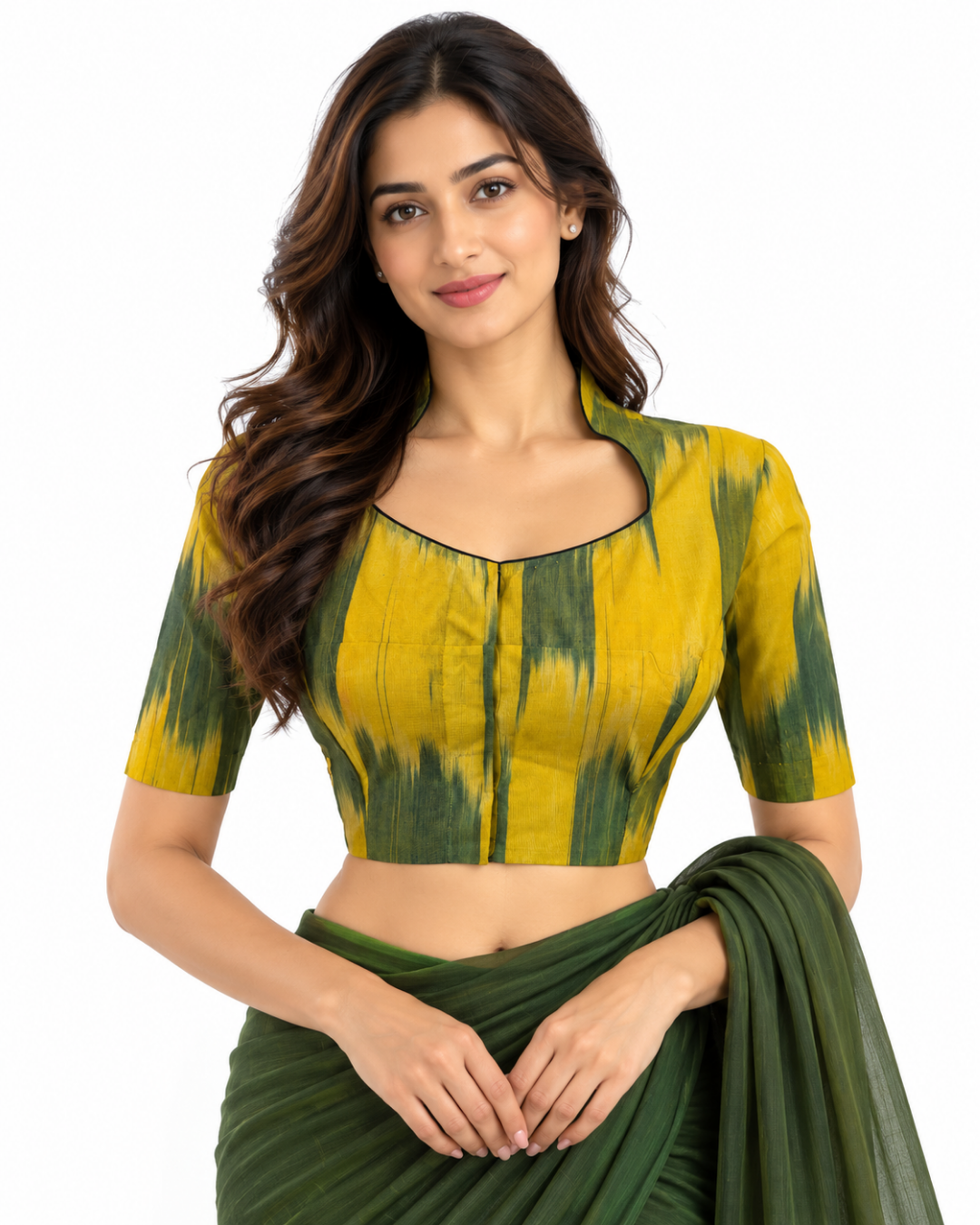 Mangalagiri Tie-dye Cotton High neck Blouse , Yellow- Green , BH1292