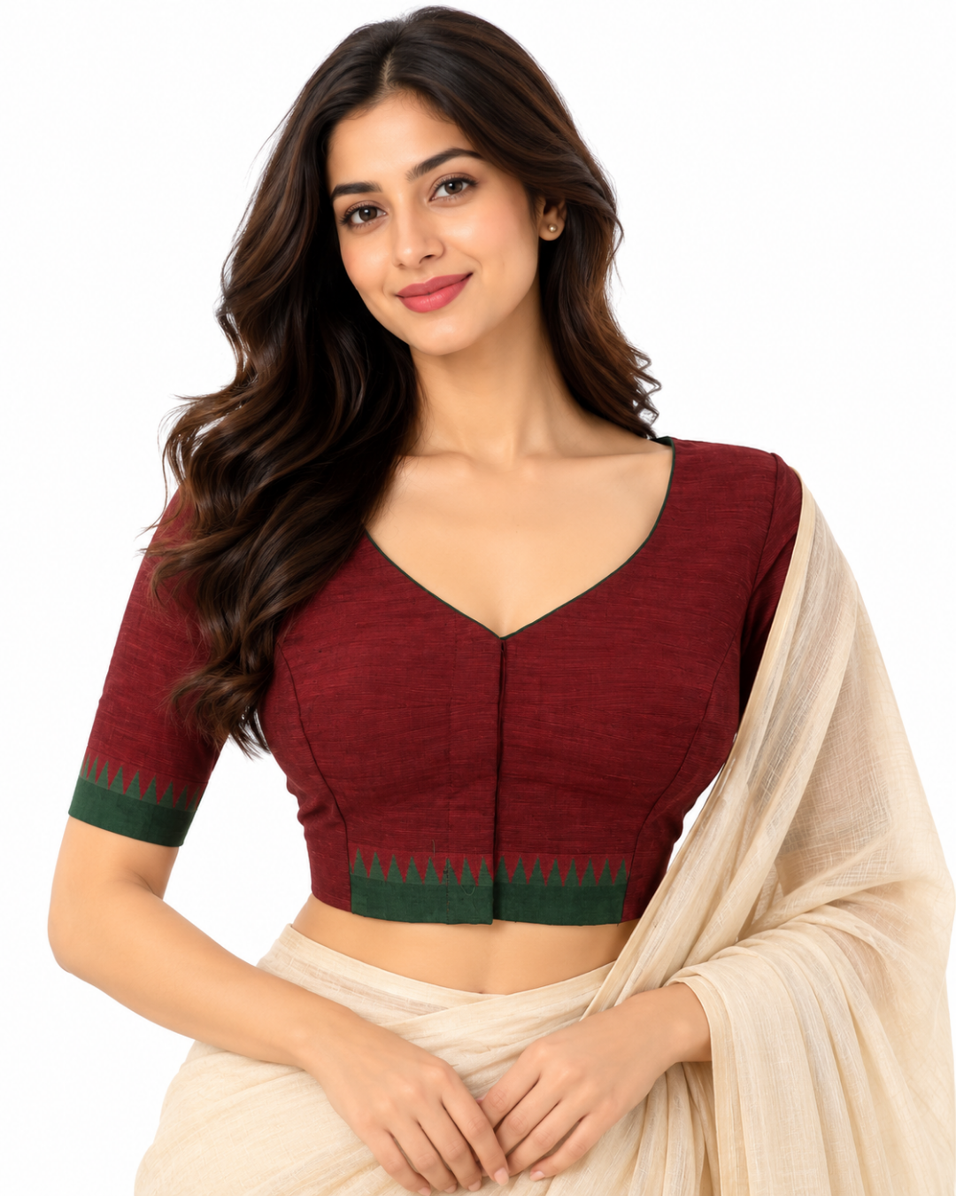 Handloom Mangalgiri Cotton V Neck Blouse with Lining,Maroon , BH1330