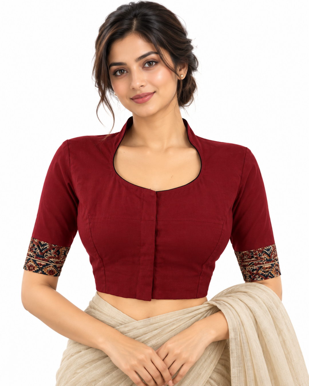 Flex Cotton High neck Blouse with Kalamkari Patches, Maroon, BH1338
