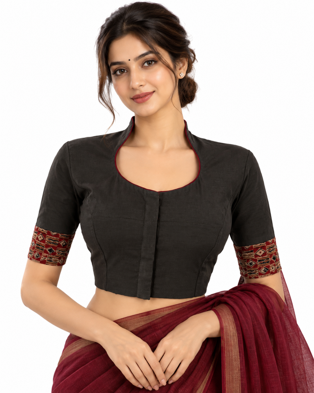 Flex Cotton High neck Blouse with Kalamkari Patches, Black, BH1337