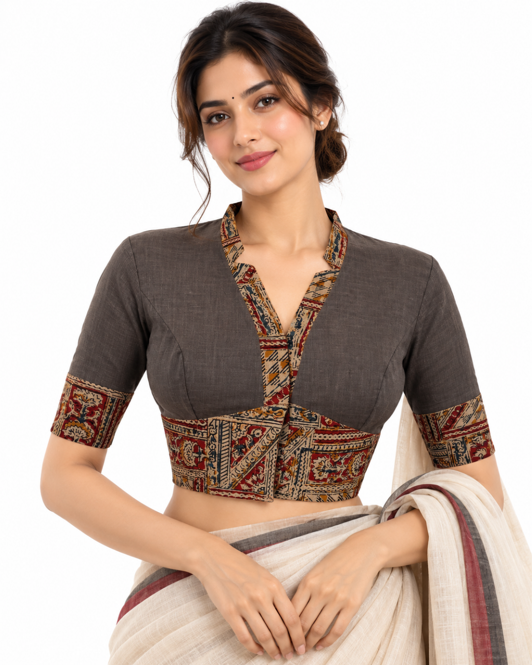 Handloom Flex Cotton V-collar neck Blouse with Kalamkari Patches,Grey, BH1298