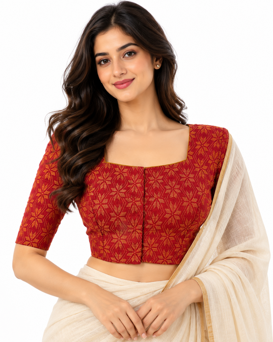 Jacquard Cotton Square neck Blouse with Lining, Orange, BH1264