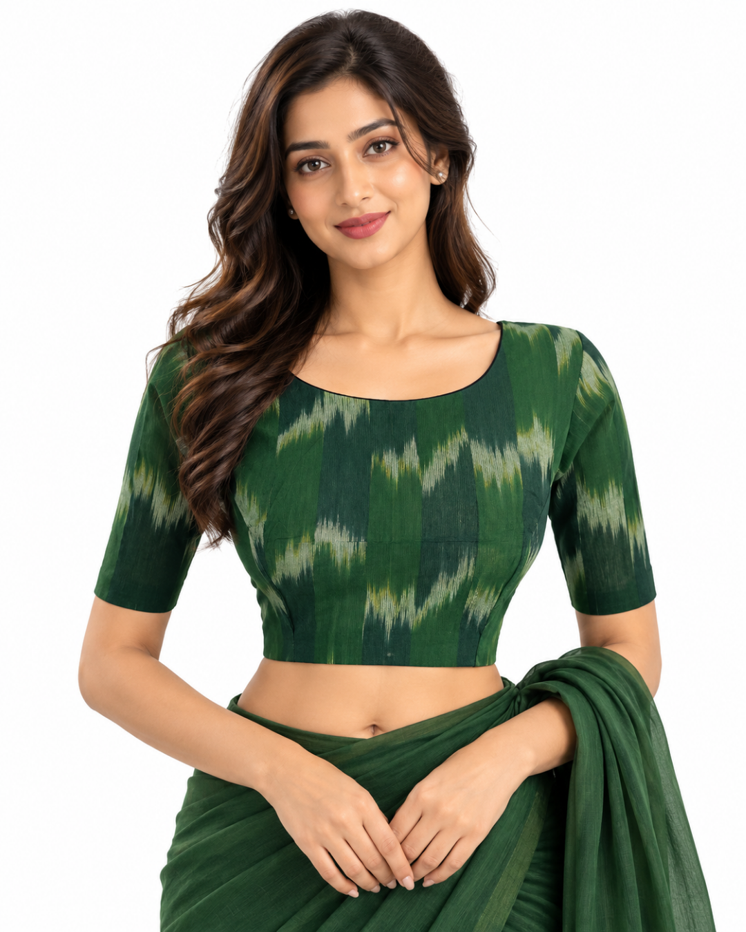 Mangalgiri Tie-dye Cotton Boat neck Blouse, Backopen, Green, BH1241