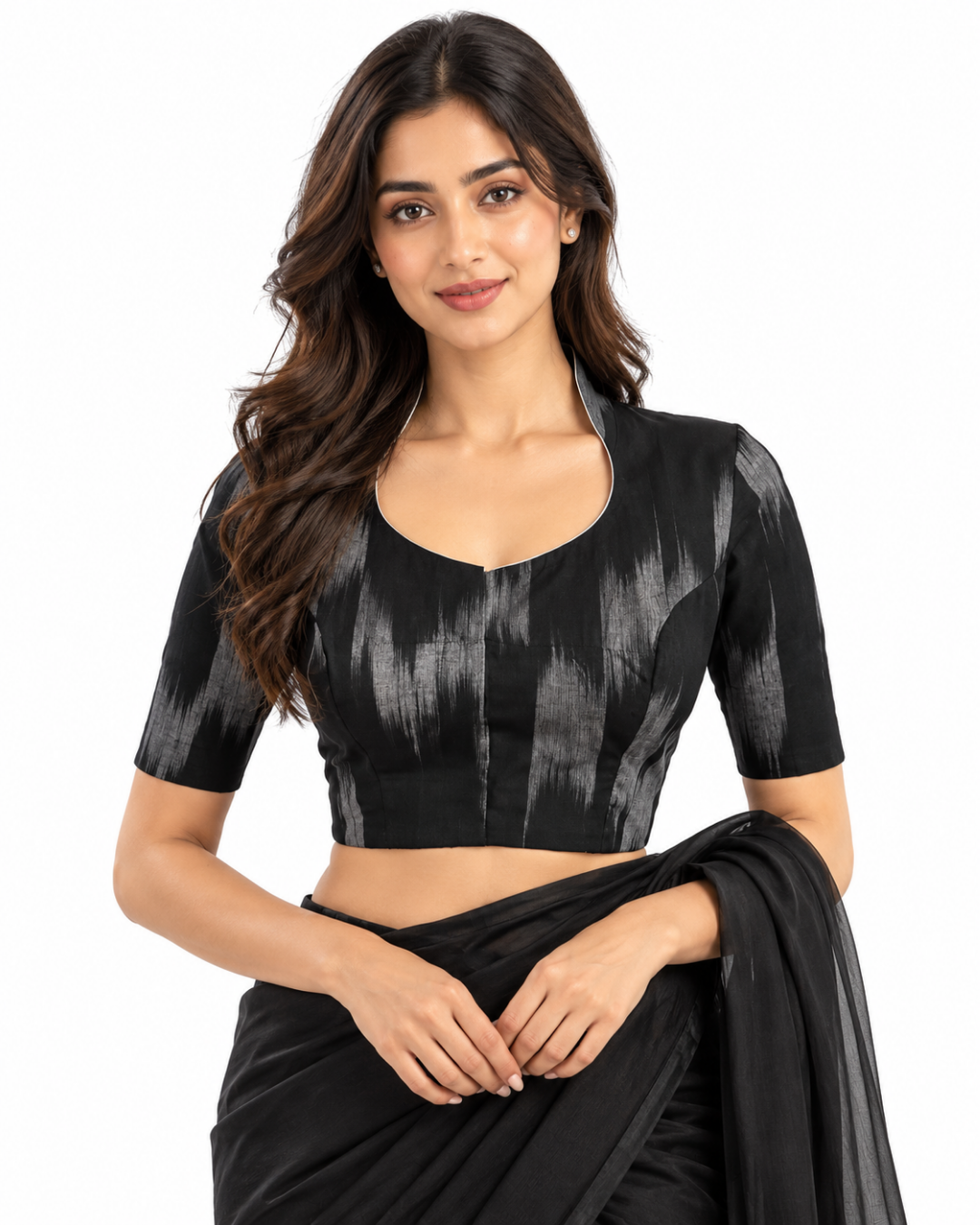 Mangalgiri Tie Dye Cotton High Neck Blouse, Black – Grey, BH1089