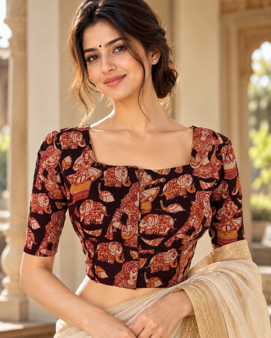 Kalamkari Cotton Square Neck Blouse ,Black, BK1319.