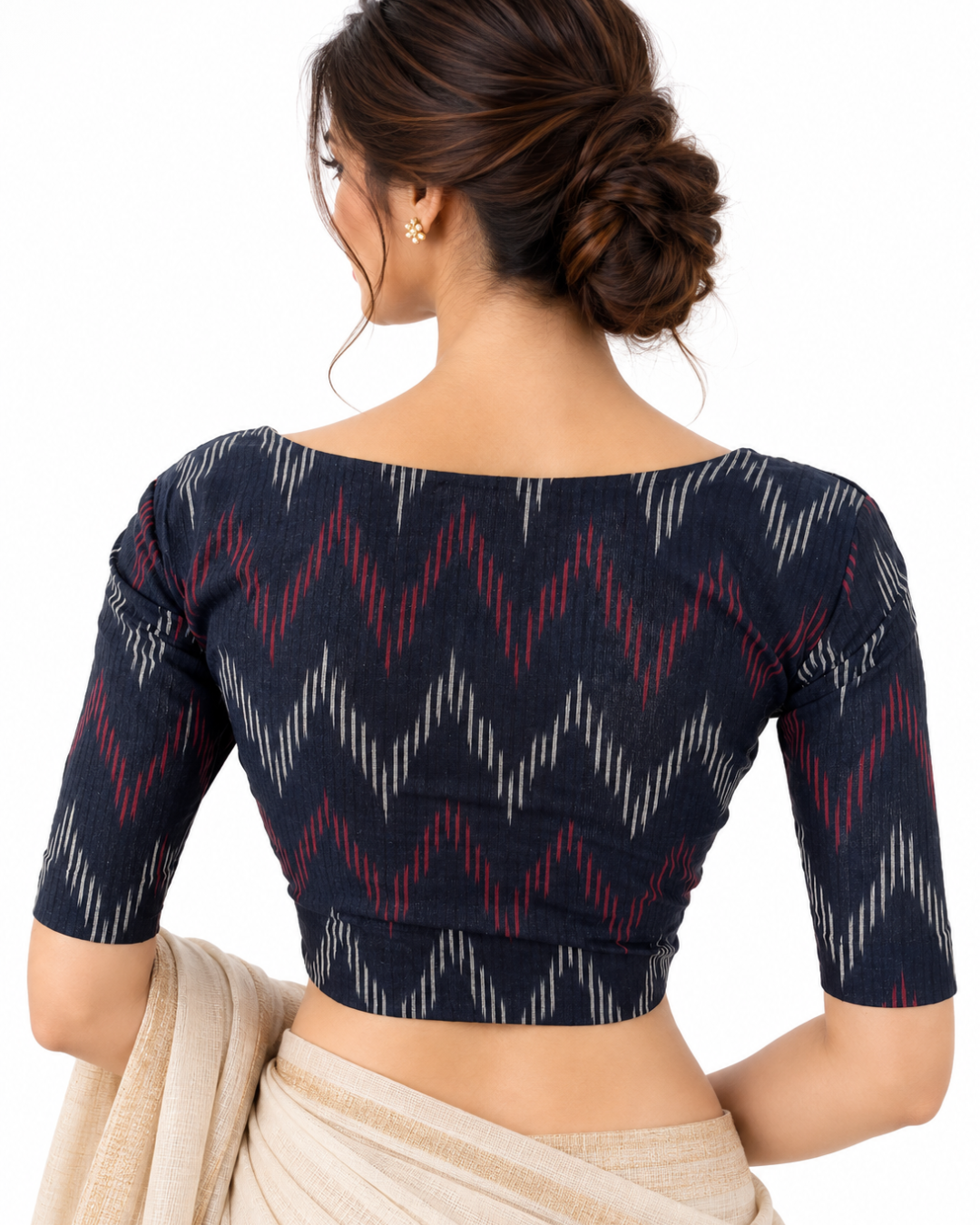 Ikat Cotton Square neck Blouse, Navy blue, BI1161