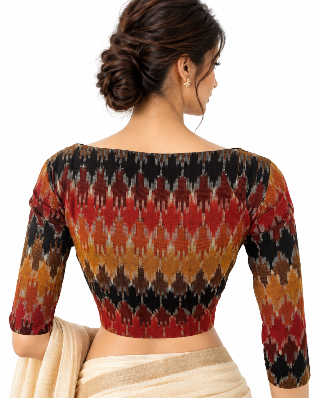 Ikat Cotton Boat Neck Blouse with 3/4 Sleeves , Multicolor , BI1180