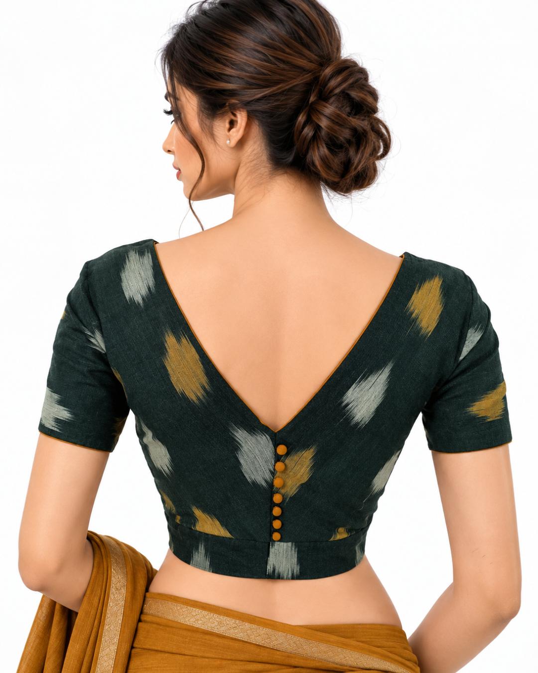 Ikat Cotton Boatneck Blouse with Potli Button Details, Bottle Green, BI1132