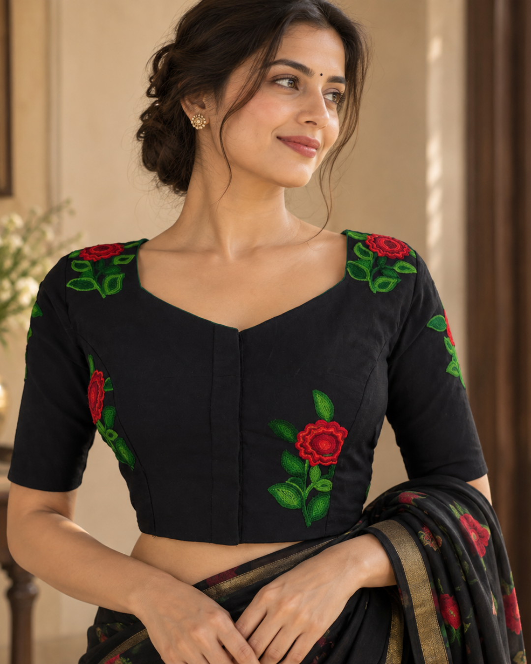 Embroidered 2 x 2 Cotton Sweetheart neck Blouse with Lining, Navy blue, BW1148