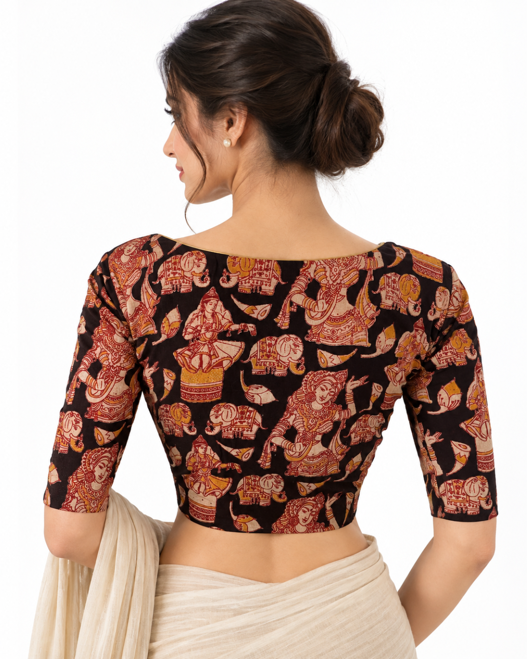 Kalamkari Cotton Square Neck Blouse ,Black, BK1319.