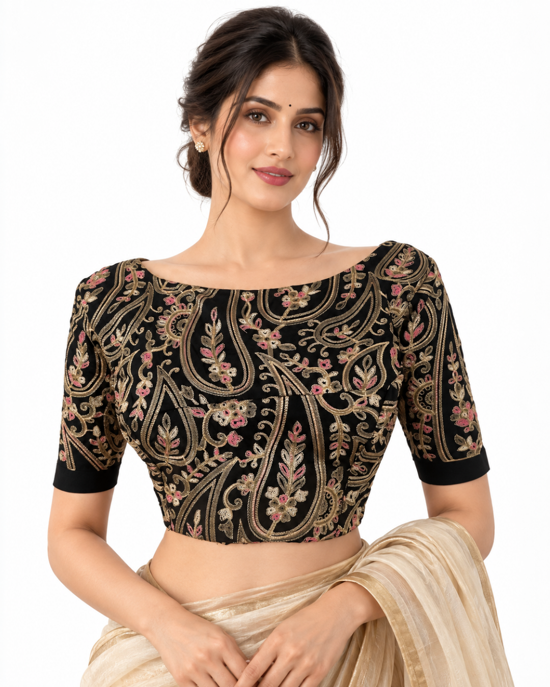 Heavy Embroidered Cotton Boat Neck Blouse with V neck in the Back, Black, BW1170