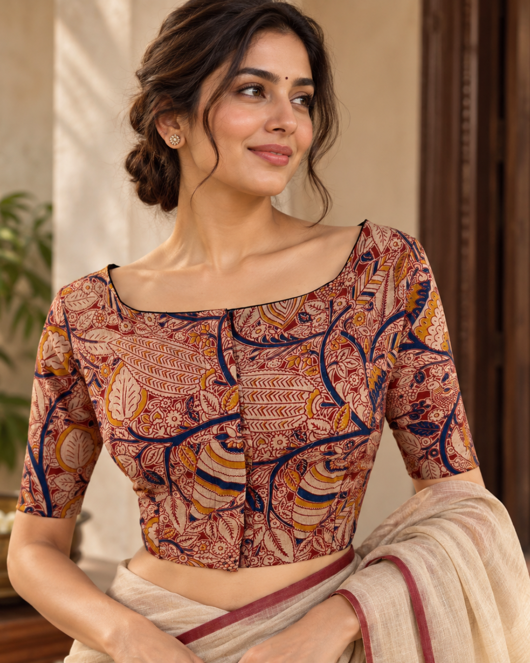 Kalamkari Cotton Boat Neck Blouse ,Multicolor, BK1317
