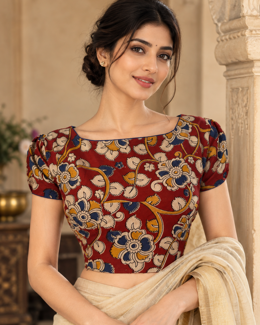 Kalamkari Cotton Boat neck Blouse with Puff Sleeves, Backopen, Multicolor, BK1160
