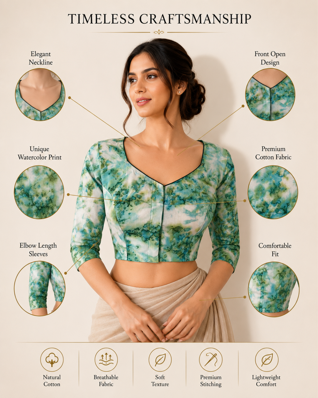 Shibori Printed Cotton Sweetheart Neck Blouse with 3/4 Sleeves, Green - Off white, BP1218