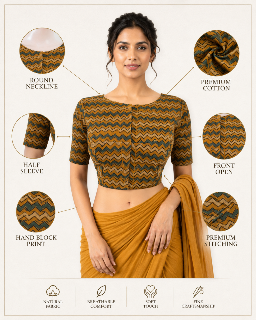 Dhabu Cotton Closeneck Croptop Blouse, Yellow – Green, BP1107