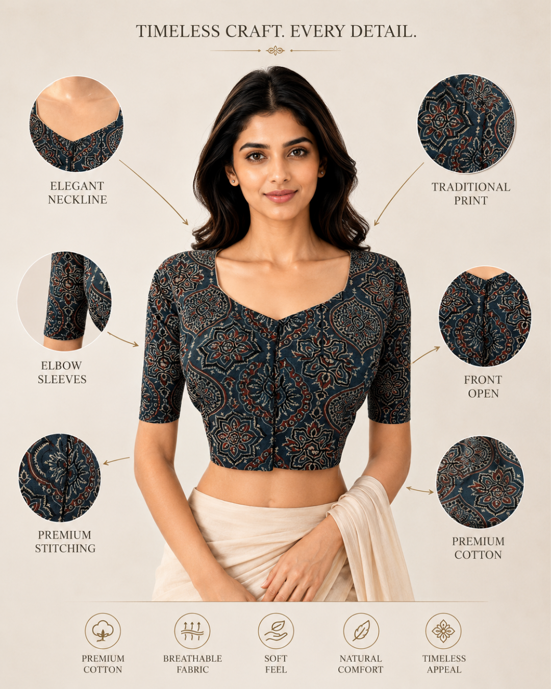 Ajrakh Cotton Sweetheart neck Blouse, Indigo blue, BA1132