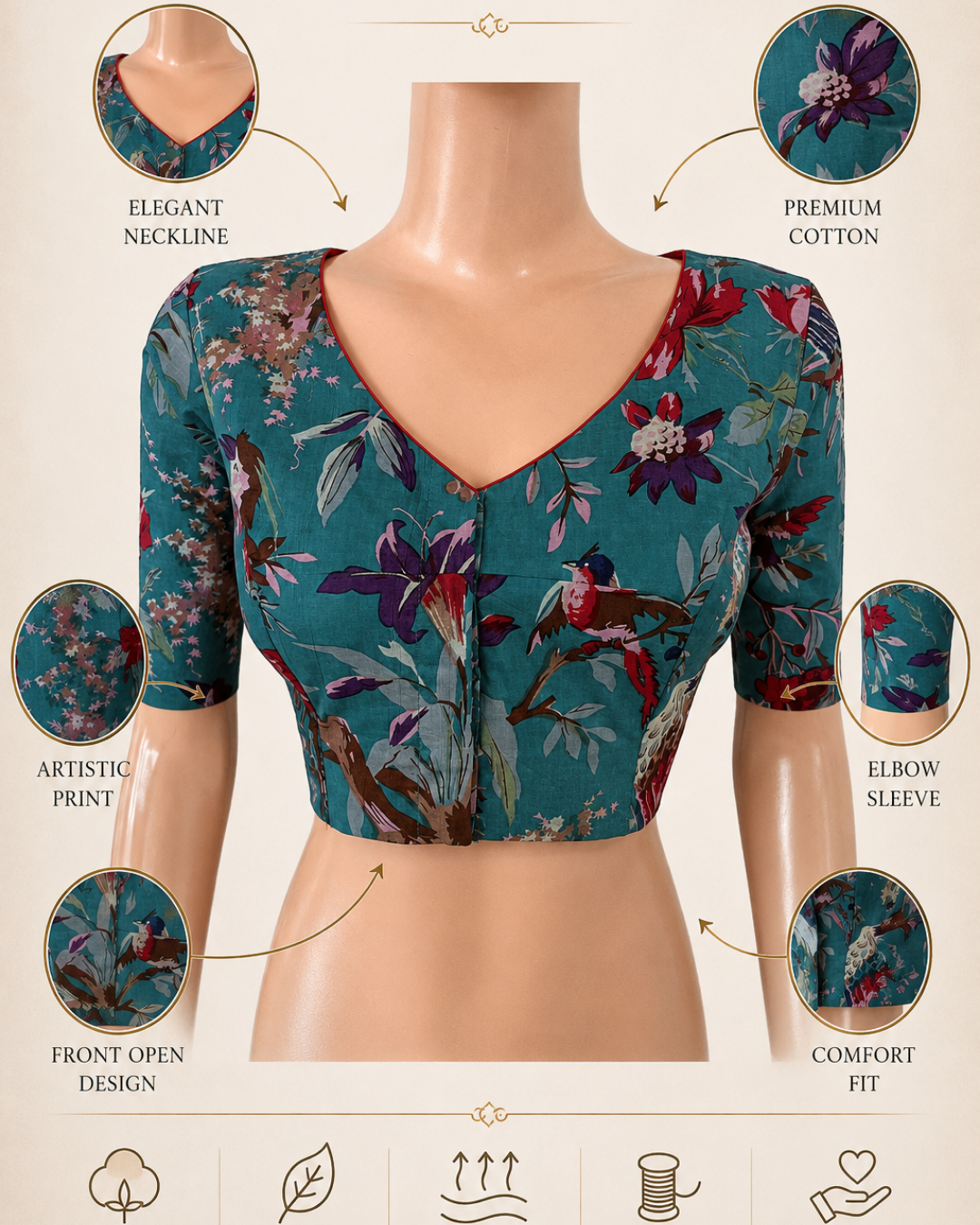 Printed Cotton V Neck Blouse ,Teal Blue, BP1219
