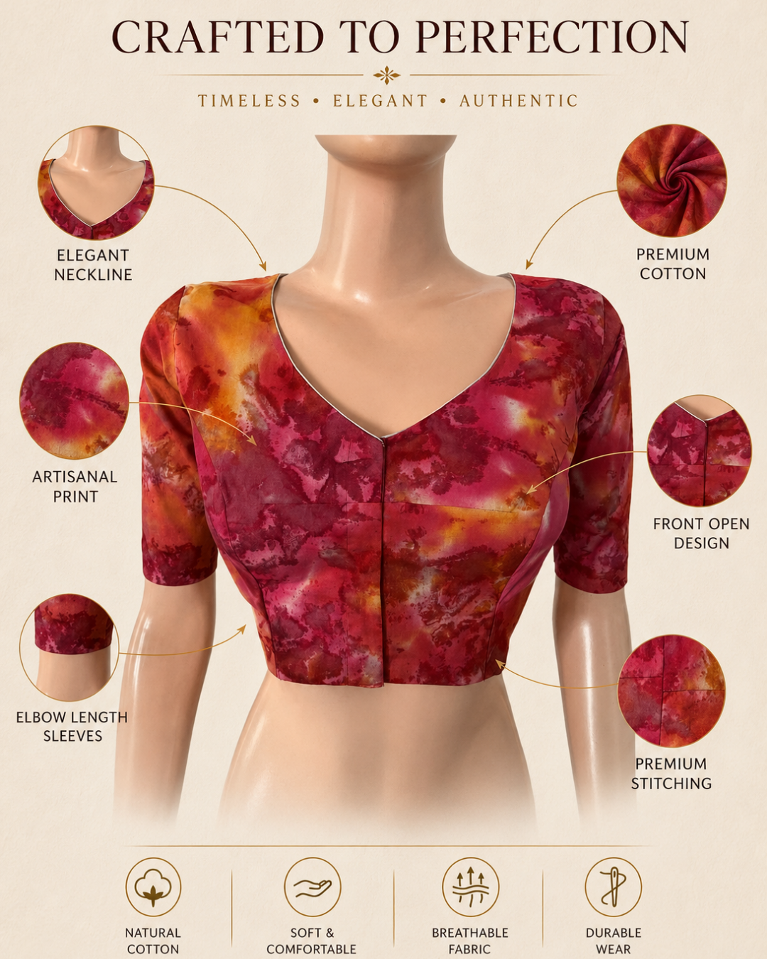 Bathik Cotton V neck Blouse, Multicolor, BP1205