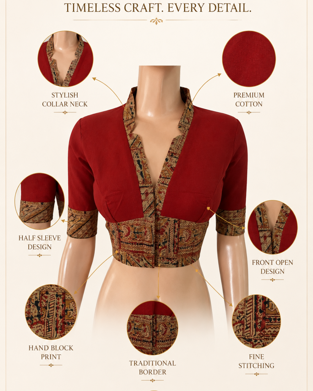 Handloom Flex Cotton V-collar neck Blouse with Kalamkari patches, Red - Maroon , BH1299