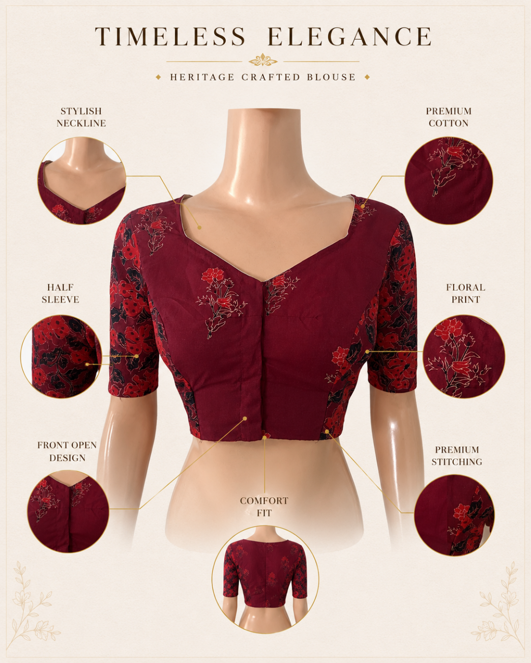 Soft Cotton Hand Block Printed Blouse with Sweetheart Neck , Maroon, BP1215