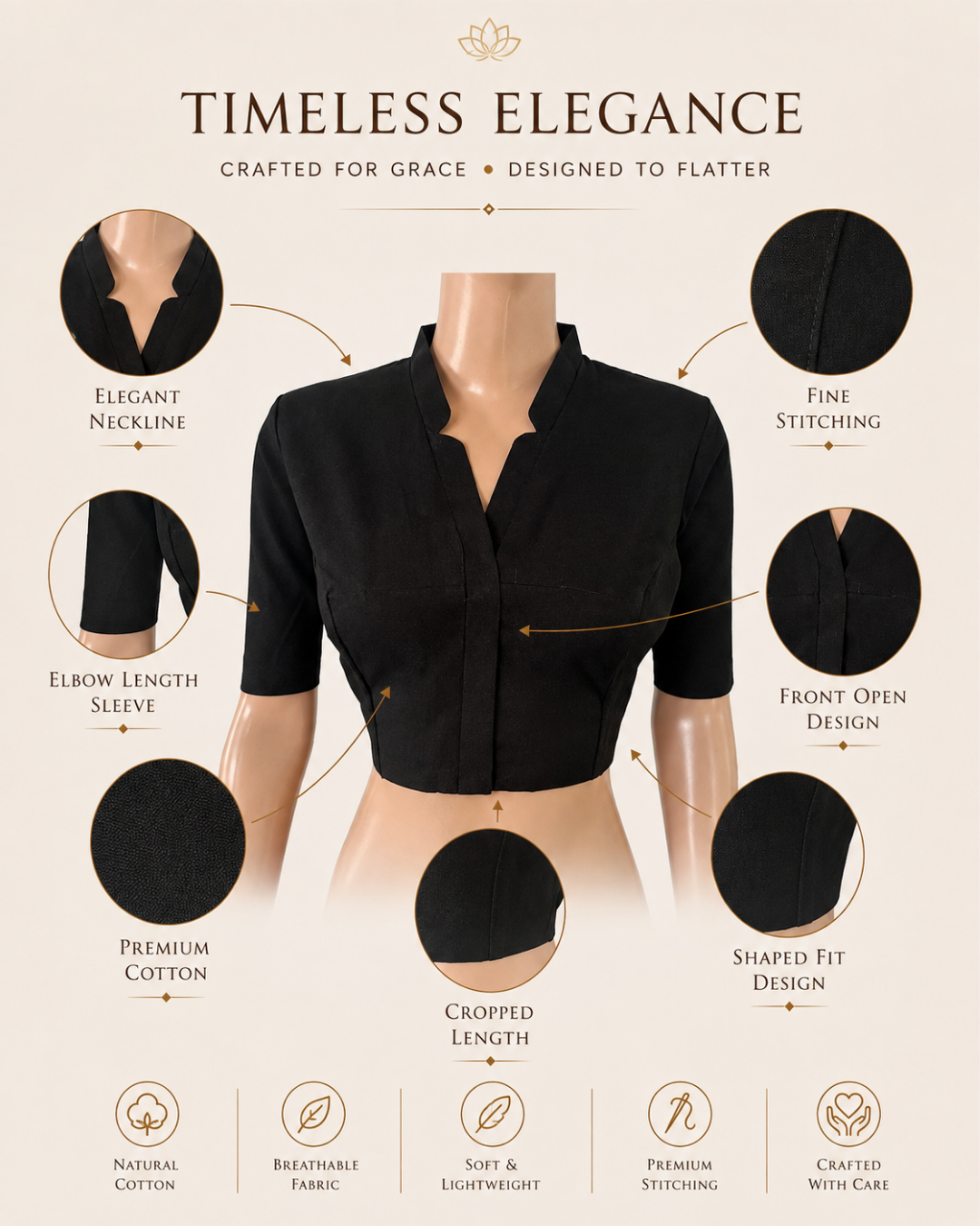 Flex Cotton V Collar Blouse ,Black , BH1321