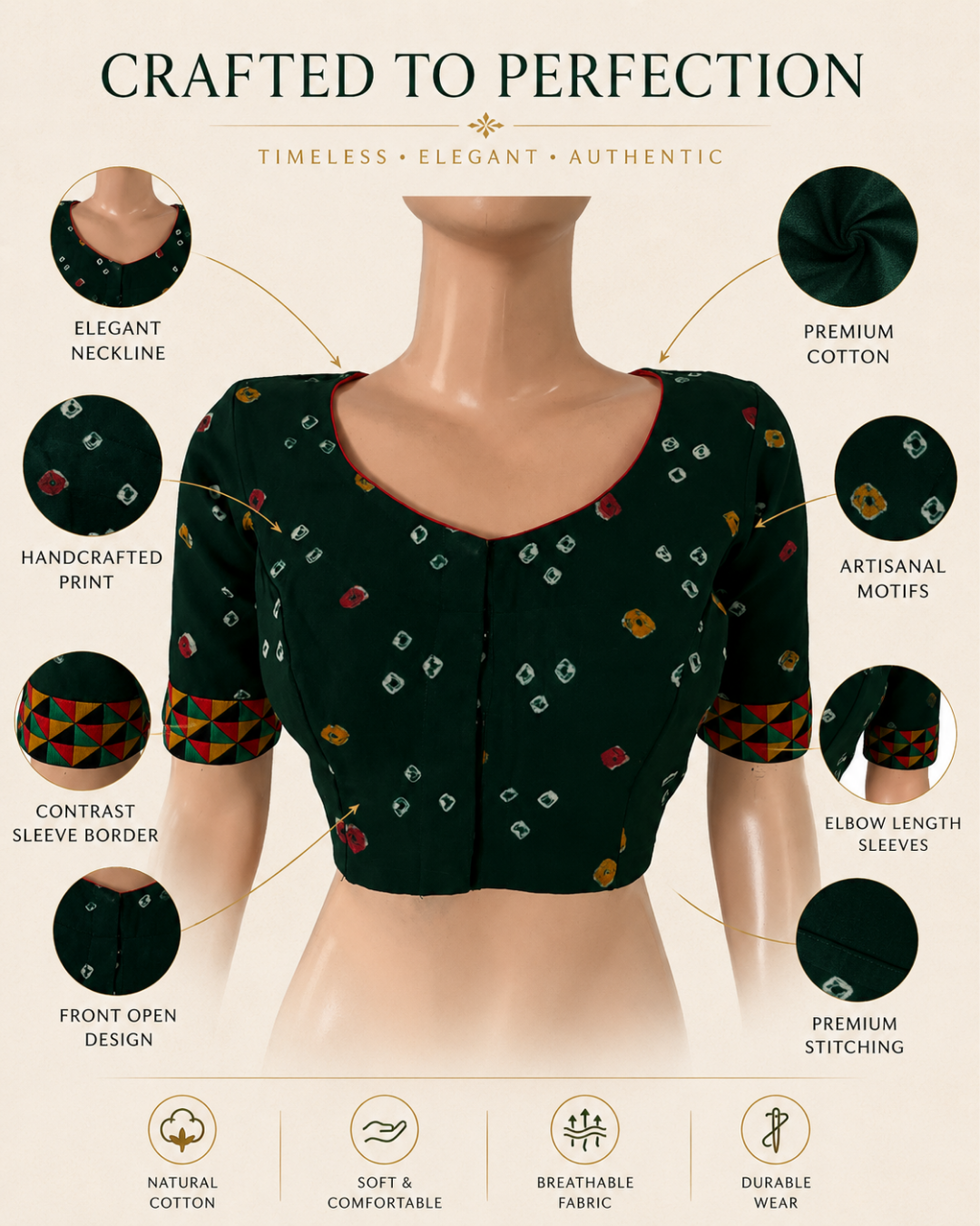 Bandhani Tie-Dye Round neck Blouse with Phoolkari lace, Bottle Green , BP1118