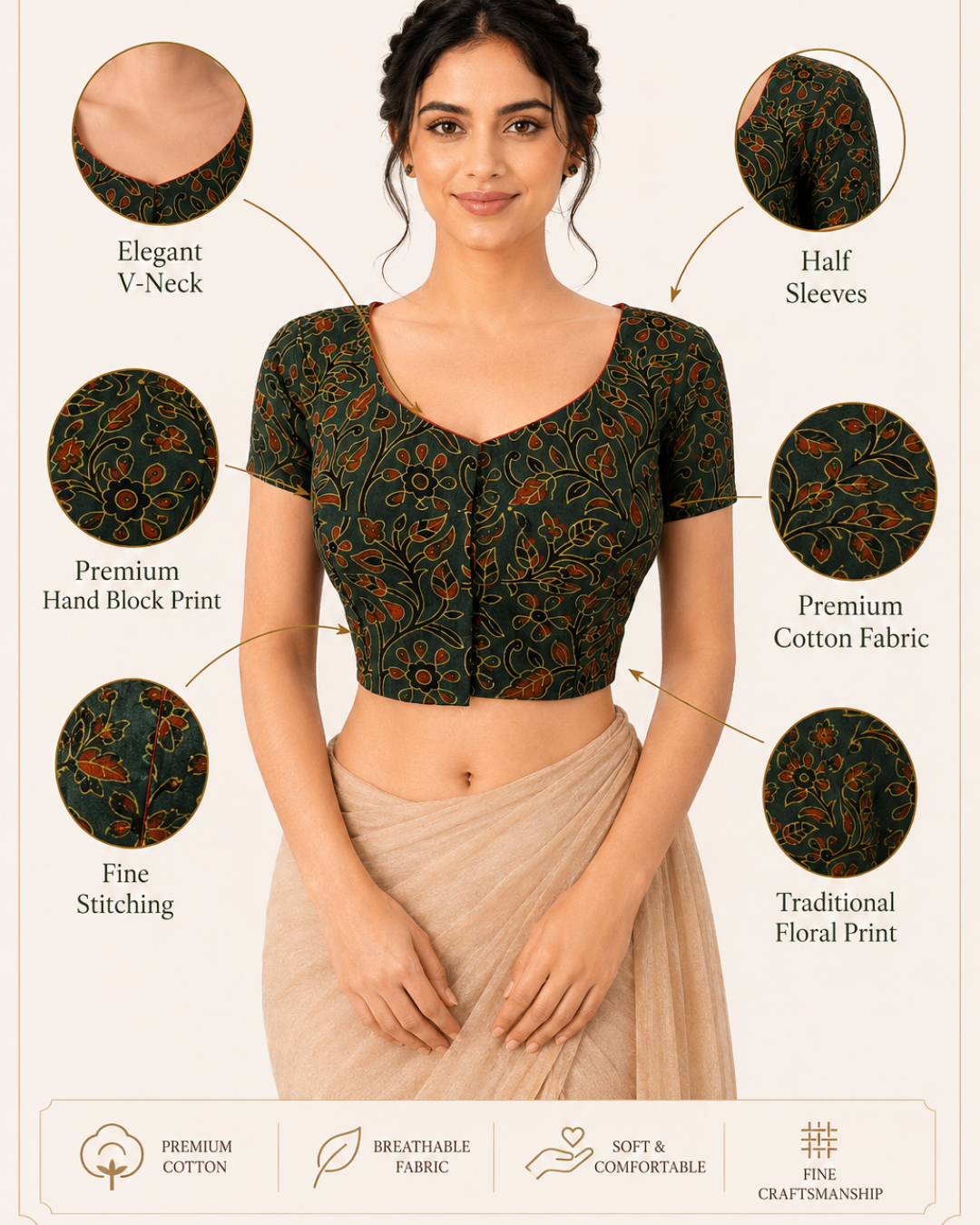 Ajrakh Cotton Round neck Blouse, with Short Sleeves Bottle Green, BA1155