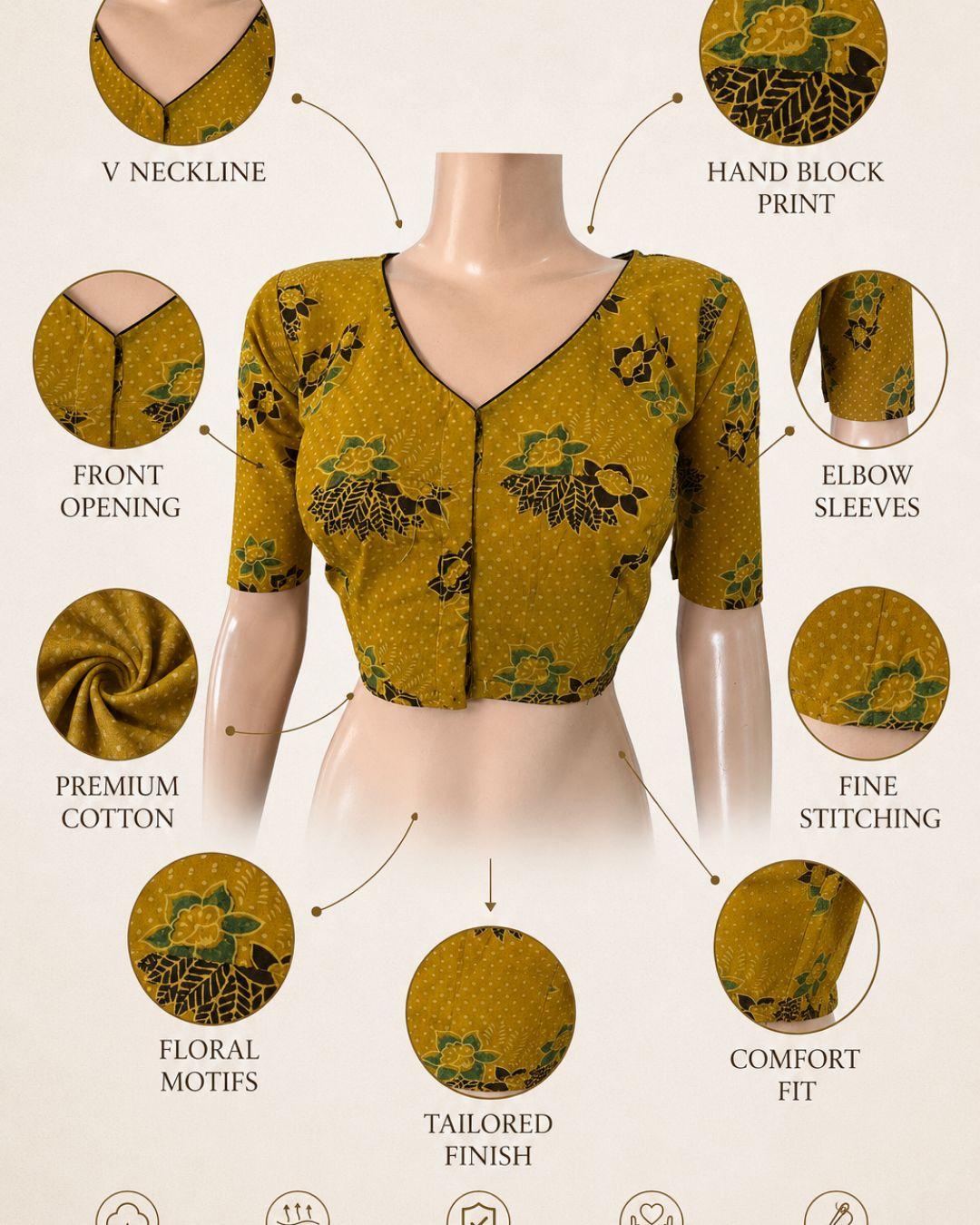 Ajrakh Cotton V neck Blouse, Mustard, BA1145