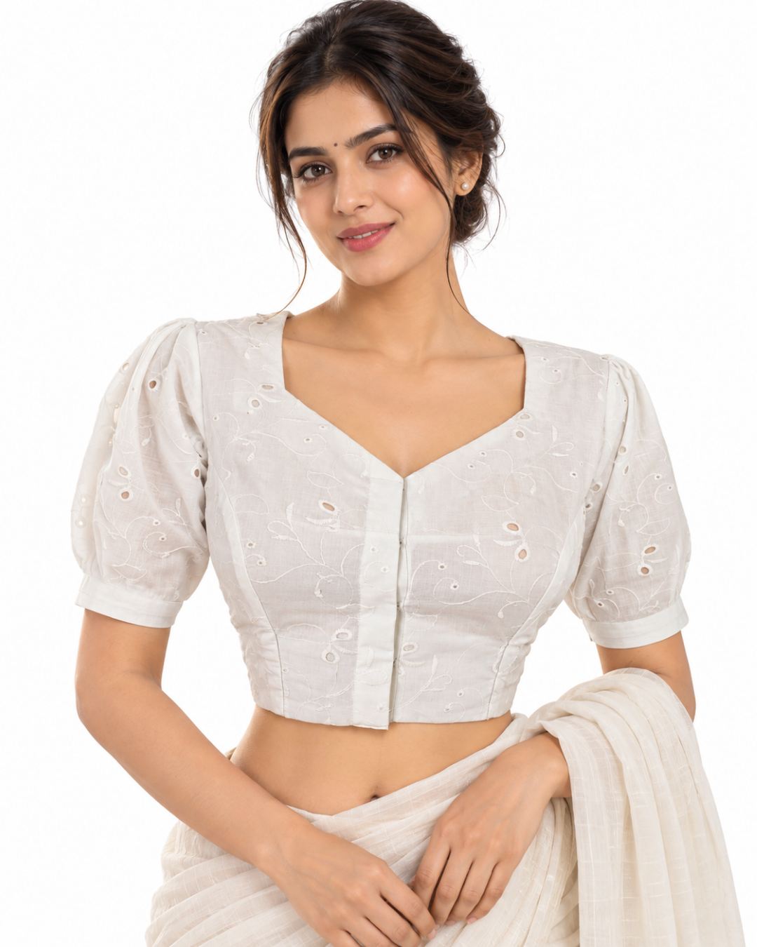 Hakoba Cotton Sweetheart Neck Blouse with Deep Cut in Back and Puff Sleeves with Lining, White, BW1168