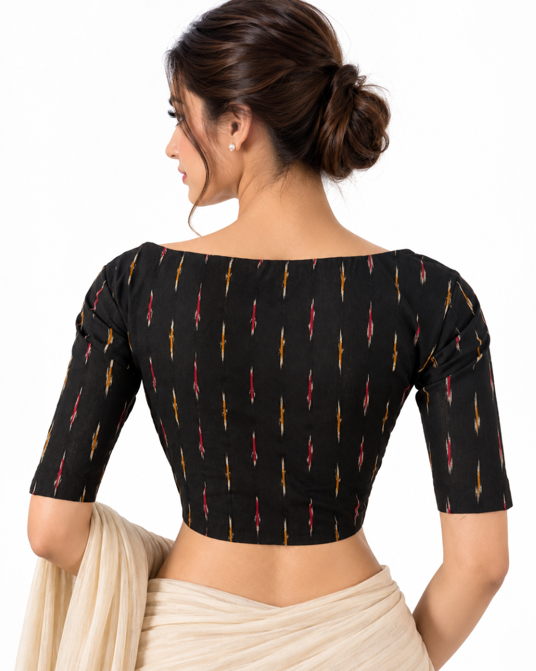 Ikat Cotton Boat neck Blouse, Black, BI1166