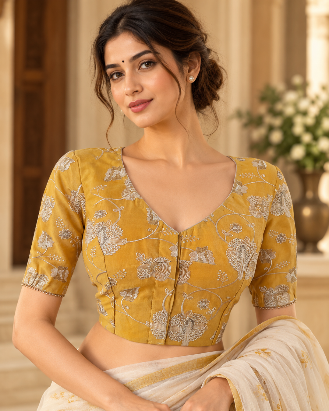 Embroidered Chanderi Silk V neck Blouse with Gathered Sleeves & Bead Details, Yellow, BS1102