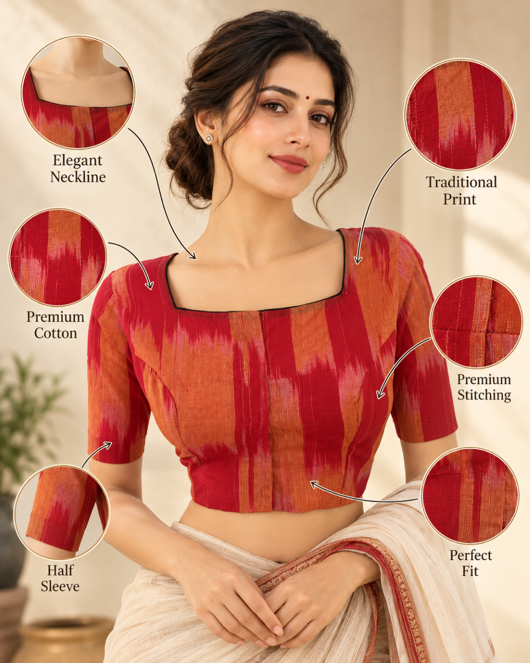 Mangalgiri Tie Dye Cotton Square Neck Blouse, Yellow – Rust, BH1107