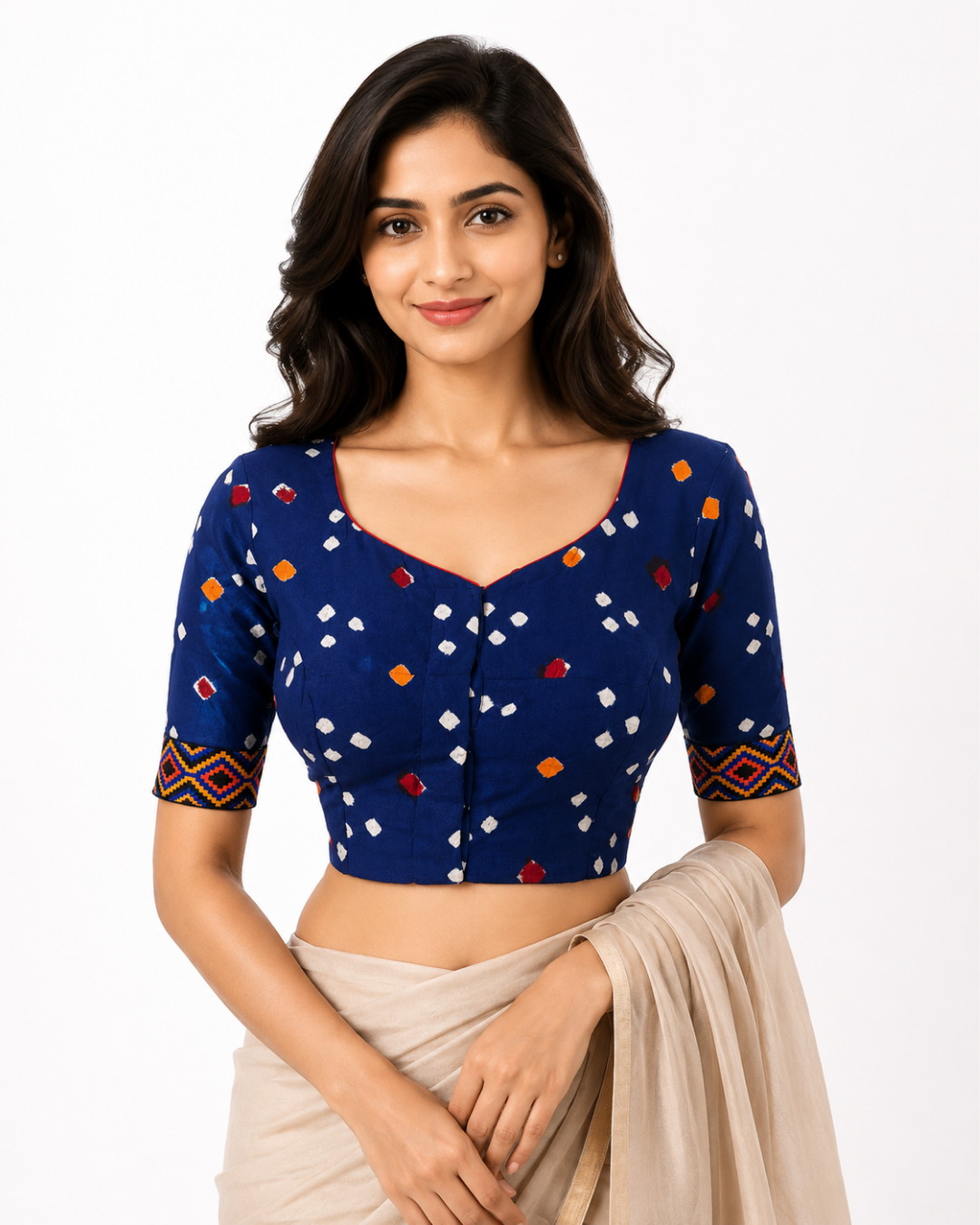Bandhani Satin Cotton Y neck Blouse with Phoolkari Lace Border & Lining, Blue, BP1136