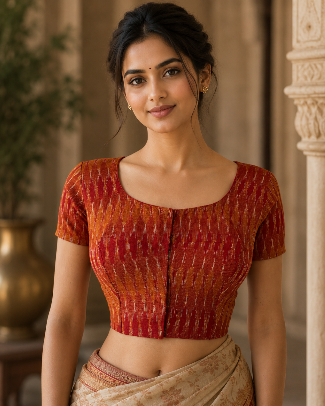 Ikat Cotton Round neck Blouse with Short Sleeves, Rust, BI1163