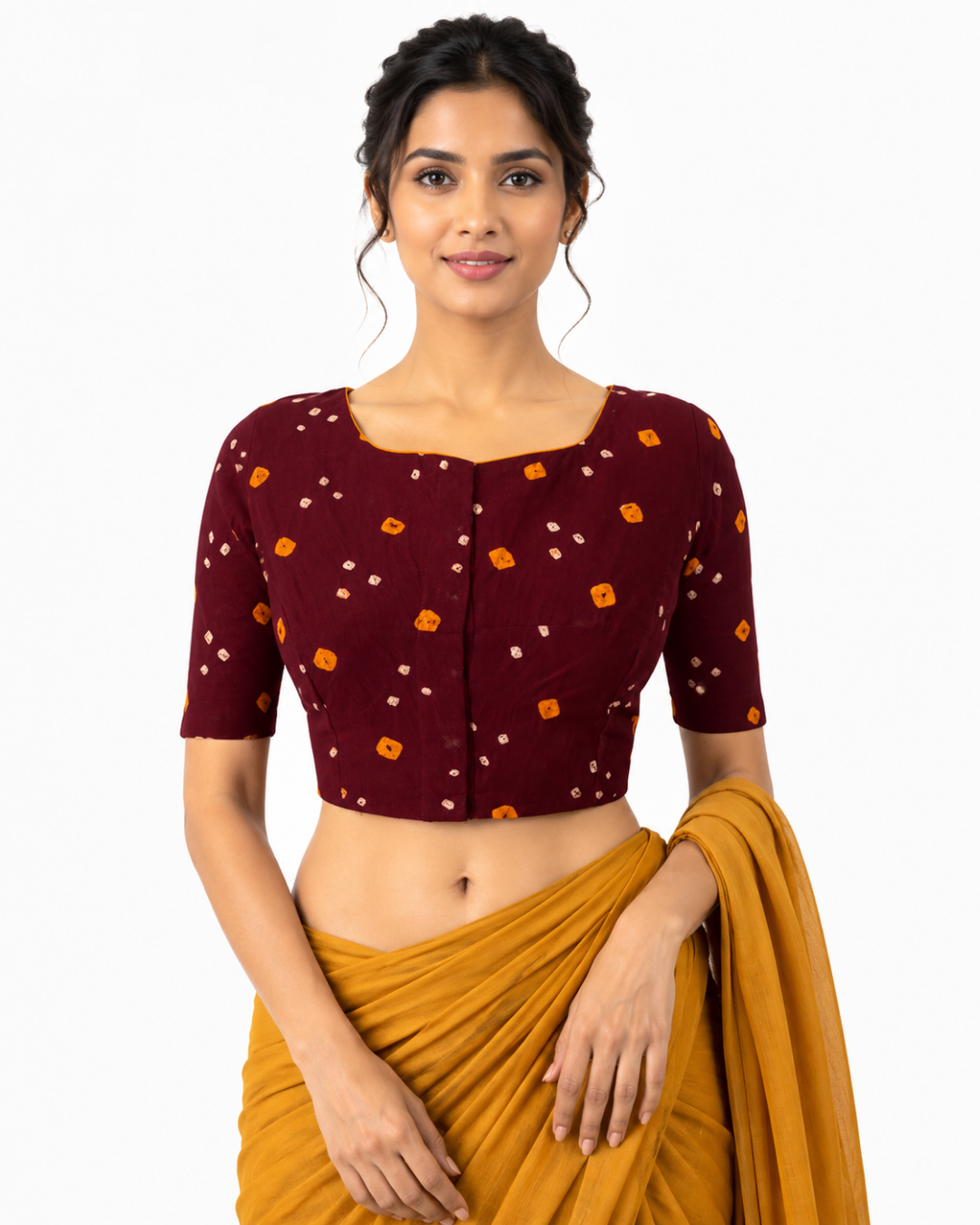 Bandhani Cotton Boat neck Blouse with Lining, Brown, BP1187