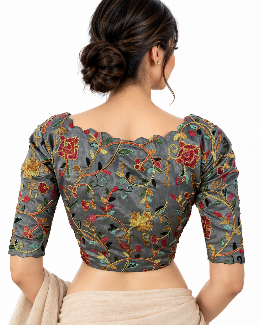 Embroidered Art Silk Scallop neck Blouse with Lining, Grey, BS1165