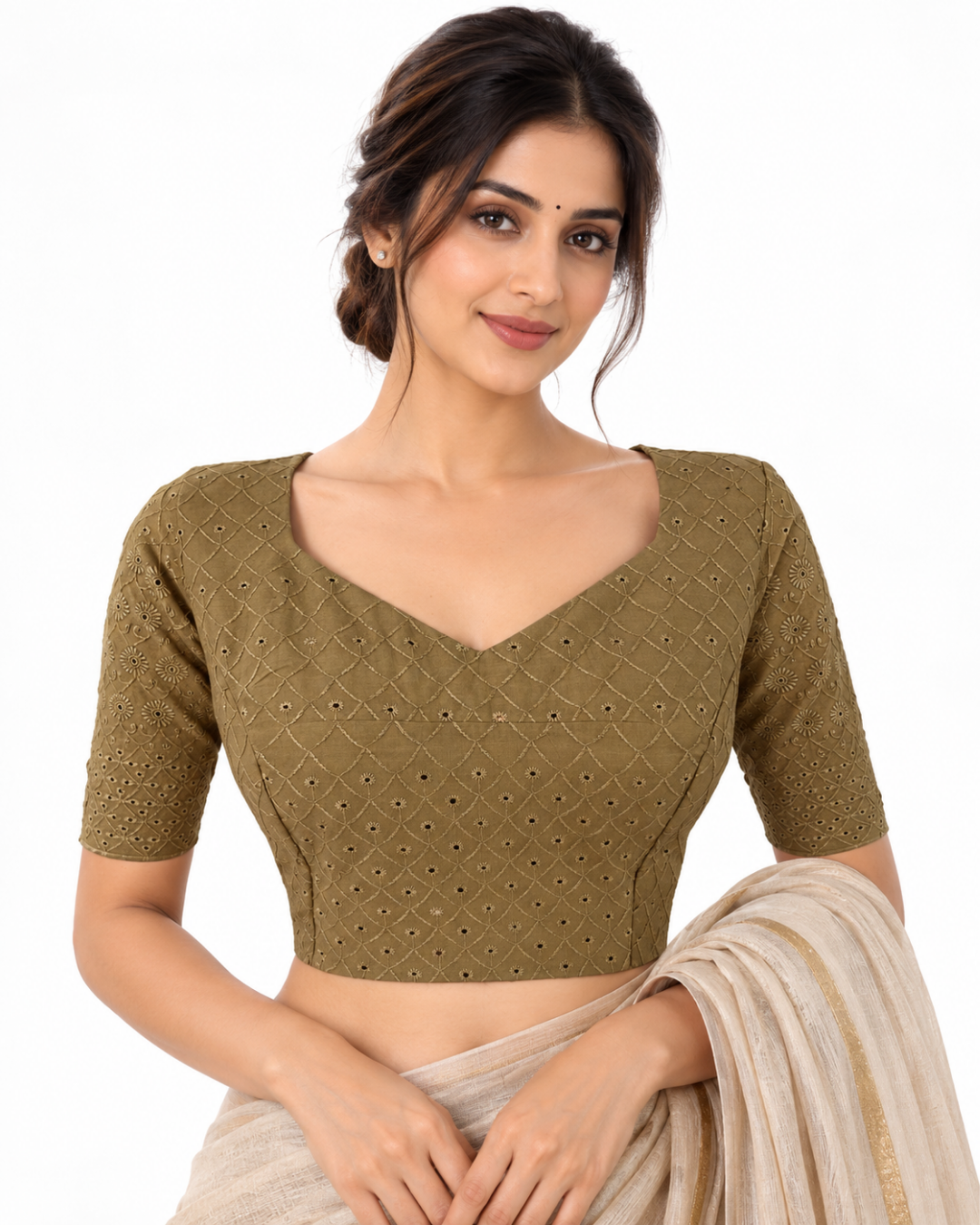 Hakoba Cut work Cotton Sweetheart Neck Blouse with Lining and Back Zip Opening , Beige , BW1172