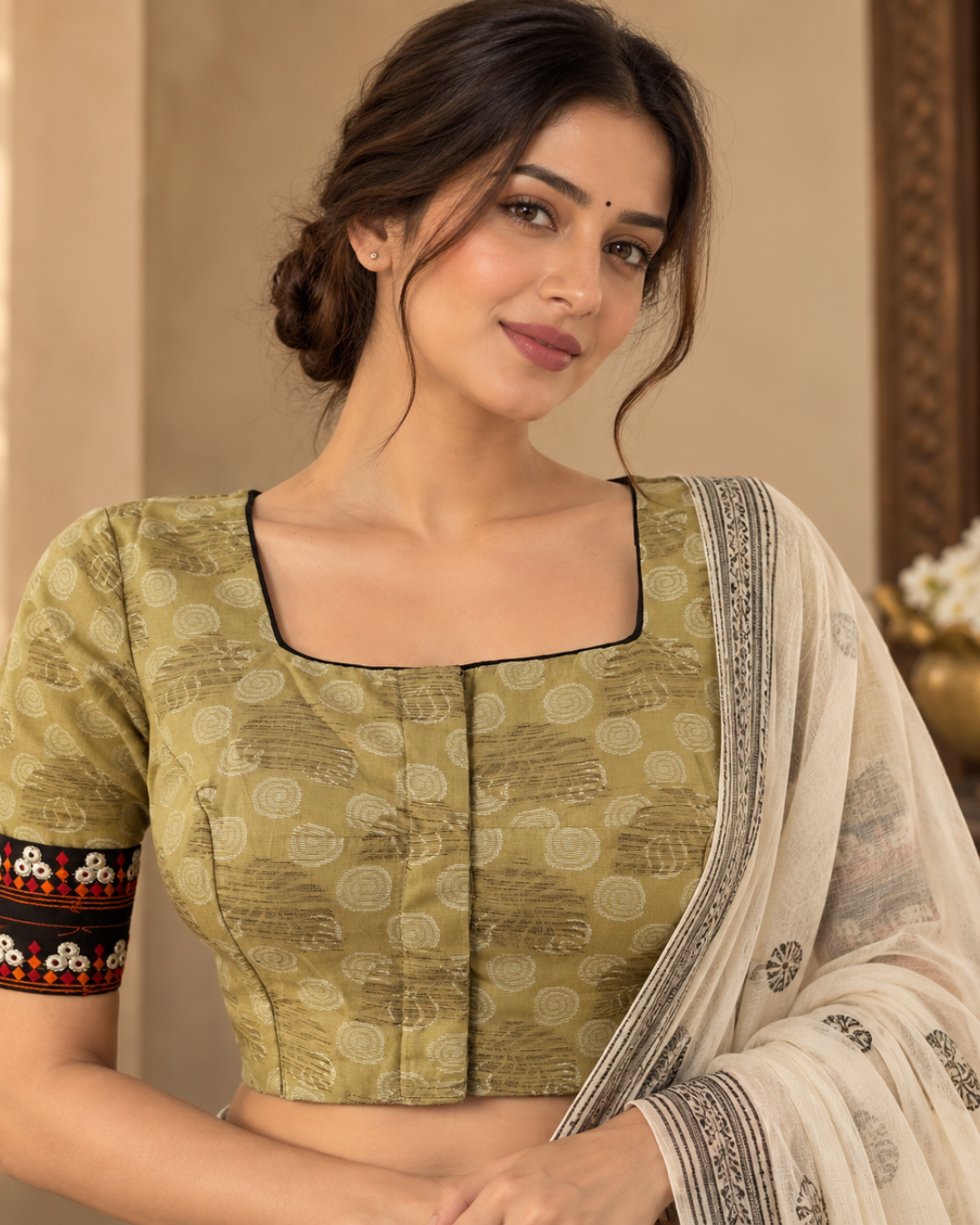 Self Designed Cotton Square Neck Blouse with Embroidery Lace and Lining, Cream , BW1174