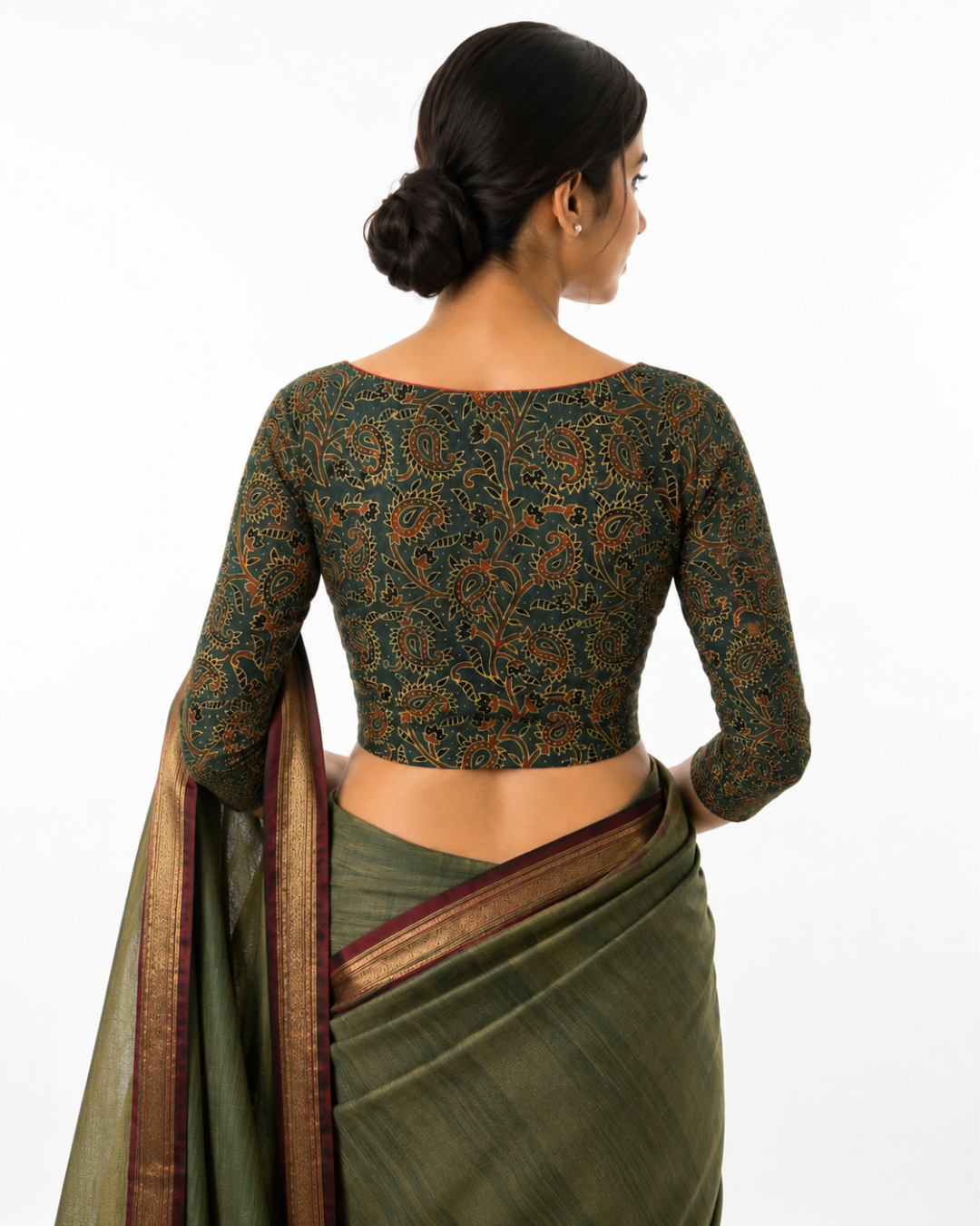 Ajrakh Cotton V neck Blouse with 3/4 Sleeves, Green , BA1161