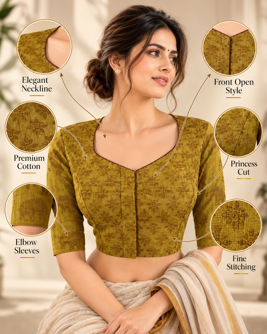 Jacquard Cotton Sweetheart neck Blouse wit Lining, Mustard, BH1268
