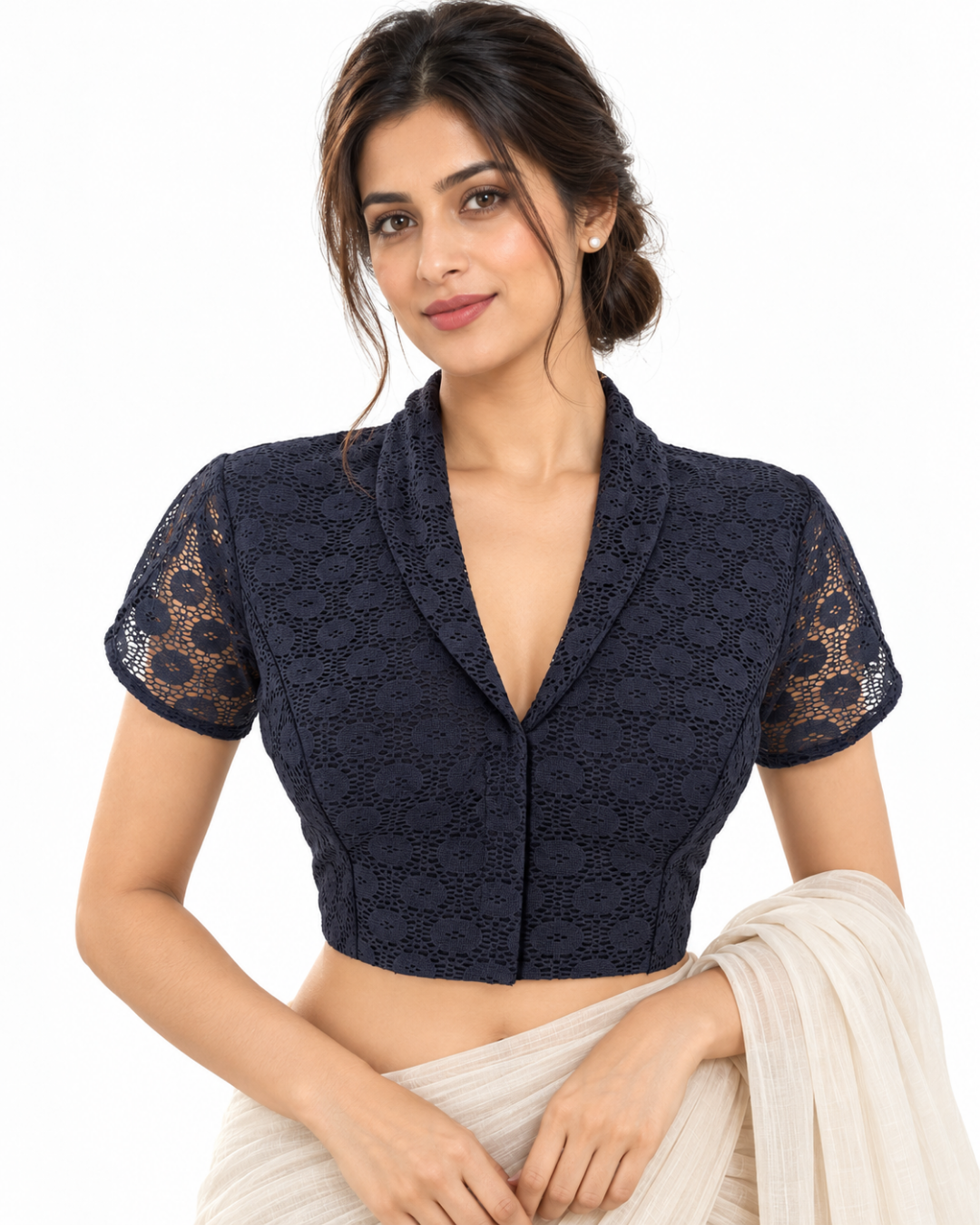 Cotton Net Shawl Collar Blouse with Tulip Sleeves and Lining , Navy Blue , BW1183