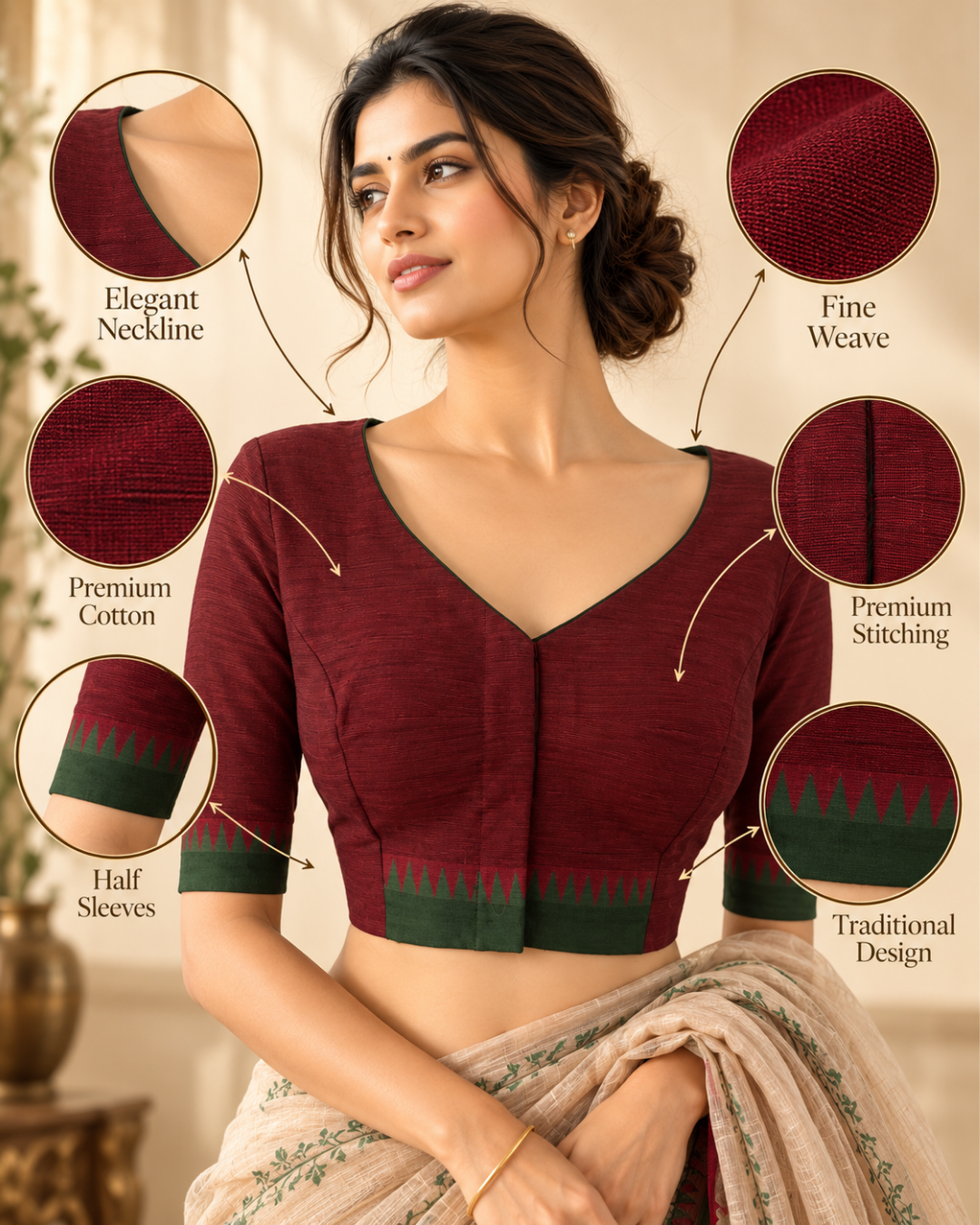 Handloom Mangalgiri Cotton V Neck Blouse with Lining,Maroon , BH1330